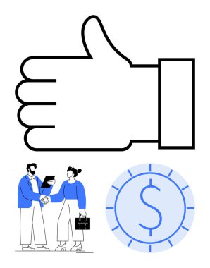Baş parmak işareti pozitifliği, el sıkışmada ortaklığı ve dairesel madeni para ikonu ise finans anlamına gelir. Başarı, takım çalışması, ortaklık, mali hedefler, güven, işbirliği için ideal