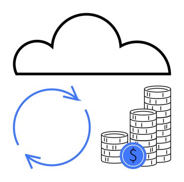 Yığılmış paraların yanında dairesel bir akış oluşturan oklar üzerindeki bulutlar senkronizasyon, para ve veri yönetimini ön plana çıkarıyor. Finans, teknoloji, tasarruf, bulut depolama, dijital ekonomi ve yatırımlar için ideal