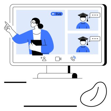 Bilgisayar ekranında canlı bir video sunumu yapan öğretmen, büyük harfle mezunlarla iletişim kuruyor. Eğitim, e-öğrenim, eğitim, iletişim, takım çalışması, bilgi paylaşımı, uzaktan kumanda