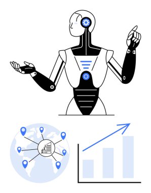 Fütürist arayüzü olan insansı robot hareketi, yer işaretli dünya haritası ve büyüme grafiği. Yapay zeka, yenilik, strateji, teknoloji, veri analizi, otomasyon küresel çözümleri için ideal