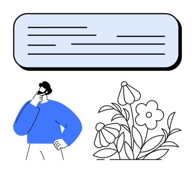 Çiçeklerin ve mavi metin bölümünün yanında eli çenesinde düşünceli bir adam. Yaratıcılık, kişisel büyüme, çevre, analiz, iletişim, problem çözme, içgözlem için idealdir. Düz