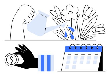 Çiçekleri elle sulamak, bozuk para tutmak, takvimin yanında. Yatırım, büyüme, planlama, finans, sürdürülebilirlik zaman yönetimi girişimciliği için idealdir. Basit bir metaforu temsil ediyor.