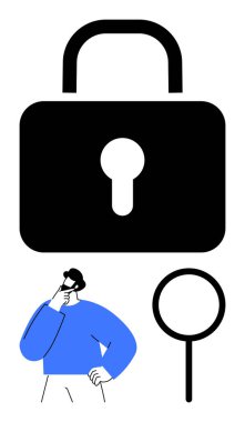 Geniş kilit ve büyüteç güvenlik ve analiz konularını vurguluyor. Düşünceli adam çevrimiçi koruma, soruşturma ve veri gizliliği öneriyor. Siber güvenlik, gizlilik, analiz, araştırma ve bilişim için ideal