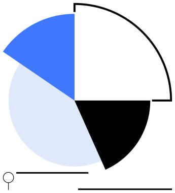 Dairesel geometri, siyah, mavi ve beyaz segmentli turta grafiği, yatay çizgiler ve büyüteçle yan yana. Veri analizi için ideal, istatistik, araştırma, bilgi grafikleri, iş soyut