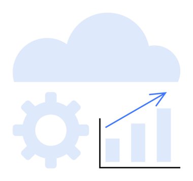 Teçhizat üstü bulut ve yukarı doğru büyüyen bar tablosu yenilik, veri depolama, ilerleme ve analizi simgeliyor. Teknoloji, geliştirme, iş büyümesi, veri yönetimi, bulut hizmetleri için ideal