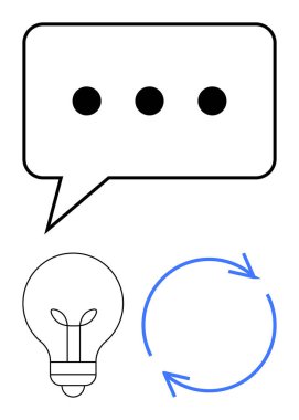 Noktalı konuşma balonu mesajlaşma iletisi, ampul yaratıcılığı simgeler ve mavi dairesel oklar devamlılığı simgeler. Yenilik, beyin fırtınası, fikirler, iletişim için ideal