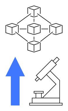 Bir ağa bağlı blok zinciri küpleri, bir mikroskop ve yukarı doğru mavi bir ok. Yenilik, teknoloji ilerlemesi, bilim, veri analizi, keşif, ilerleme ve düz bir metafor için ideal