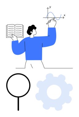 Adam kitap tutuyor ve grafiği işaretliyor, öğrenme ve analizi temsil ediyor. Nesneler arasında büyüteç ve teçhizat da var. Eğitim, araştırma, planlama, yenilik, takım çalışması, strateji için ideal