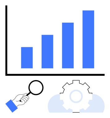 Artan çubuk tablosu, vites yanında büyüteç ile analiz edildi. İlerlemeyi, verimliliği ve verimliliği simgeliyor. Veri analizi, iş büyümesi, karar verme, yenilik ve optimizasyon için ideal