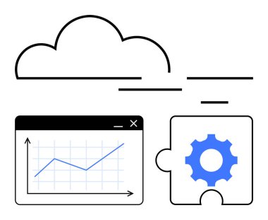 Bulut, yükselen grafik, dişli bulmaca parçası veri depolamayı, büyüme takibini, teknolojik çözümleri sembolize ediyor. IT, veri analizi, bulut hizmetleri, üretkenlik yazılım mühendisliği yeniliği için ideal