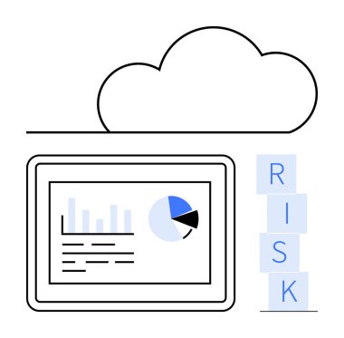 RISK 'in yazıldığı blokların yakınındaki bulut simgesinin altında çubuk grafik ve pasta grafiği olan tablet. Veri analizi, bulut hesaplaması, risk değerlendirmesi, veri güvenliği, iş planlaması, tahmin etmek, soyut