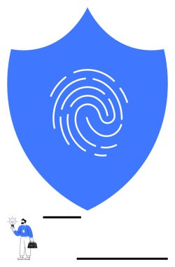 Merkezinde güvenliği simgeleyen bir parmak izi olan büyük mavi bir kalkan. Yenilik jesti olarak elinde ampul tutan küçük bir insan. Siber güvenlik, gizlilik, güvenlik, kişisel veriler için ideal