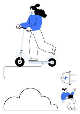Elektrikli scooterlı bir kadın şarj prizi ve buluta bağlıyken bir başkası uzaktan bilgisayarla çalışıyor. Teknoloji, eko-ulaşım, enerji, sürdürülebilirlik ve uzak çalışma için ideal