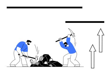 İki adam aletleri kullanarak siyah kayaları parçalara ayırıyor. Takım çalışması için ideal, sıkı çalışma, kararlılık, çaba, ilerleme, hedefler, azim. Düz basit metafor