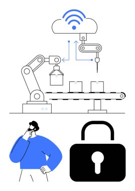 Bulut bağlantısı simgesi altında bir taşıma bandında robot kol montajı, işçi düşünme ve asma kilit simgesi. Otomasyon için ideal, teknoloji, bulut bilgisayarı, IOT, güvenlik endüstrisi yeniliği. Düz