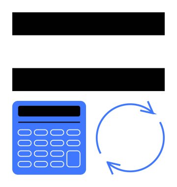 Eşit sembol, mavi hesap makinesi ve ok döngüsü eşitlik, hesaplama ve tekrarlama anlamına gelir. Matematik, finans, denge mantık eğitimi otomasyon iş akışı için idealdir. Düz basit metafor