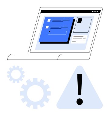 Uyarı üçgeni ve viteslerle birlikte bir hata bildirimi gösteren dizüstü bilgisayar arayüzü. Teknoloji için ideal, sistem hatası, sorun giderme, ayarlar, bakım, alarm desteği. Düz basit