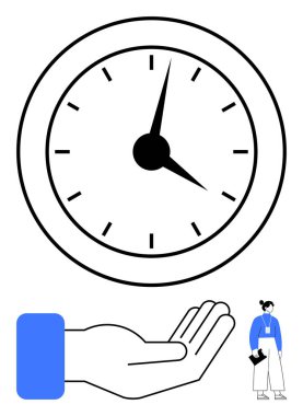 Büyük saat elinde, küçük iş kadını figürü. Zaman yönetimi, üretkenlik, karar verme, iş hayatı dengesi, öncelik sıralaması, profesyonel büyüme, düz basit metafor için ideal