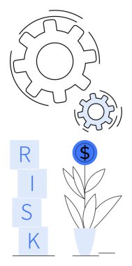 Hareket halindeki dişliler, RISK blokları ve dolar sembollü bir bitki çiçek açıyor. Ticari büyüme, risk değerlendirmesi, yenilik, finans, yatırım, strateji ve soyut çizgi düz metafor için ideal