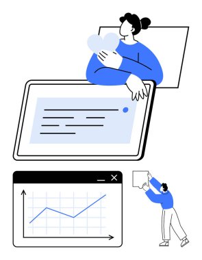 Tablet ekranının yukarısında kalpleri kucaklayan kadın, yukarı doğru eğilimi gösteren grafik penceresi, geri bildirim diyaloğu ekleyen erkek. İletişim, eğitim, analitik, geri bildirim için ideal