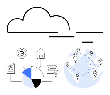 Kripto para birimini bağlayan bulut ağı, gayrimenkul, veri görselleştirmeleri ve küresel konum işaretleyicileri. Engelleme zinciri, fintech, veri paylaşımı, küresel bağlantı, emlak dijital için ideal