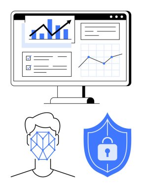 Bilgisayar analitik grafikleri ve verileri gösteriyor. Altında yüz tanıma çizgisi ve güvenlik kalkanı asma kilidi var. Veri yönetimi, AI, mahremiyet, güvenlik, teknoloji ve iş anlayışı için ideal