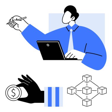 Bilgisayarda daktilo eden bir işadamı, el ele tutuşma parası, engelleme ağı yapısı. İş, finans, teknoloji, ağ, kripto para birimi, işbirliği dijital dönüşüm için ideal