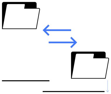 Veri transferini veya senkronizasyonu gösteren mavi oklarla birbirine bağlı iki siyah klasör simgesi. Veri paylaşımı, eşzamanlama, bulut depolama, arşiv organizasyonu, iş akışı, dijital süreç için ideal