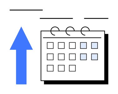 Vurgulanmış tarihler ve yukarı doğru ok takvimi zamanlamayı, planlamayı, büyümeyi ve hedef başarısını sembolize ediyor. Üretim, organizasyon, planlama, yükselme eğilimi ve hedefler için ideal düzlük
