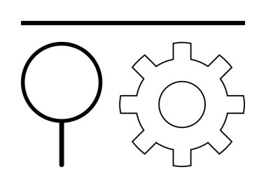Büyüteç ve teçhizat yatay çizginin altına yerleştirilir, keşfi, işlem analizini, teknik gelişmeyi sembolize eder. Yenilik, arama, iş akışı, sorun çözme, süreç için ideal
