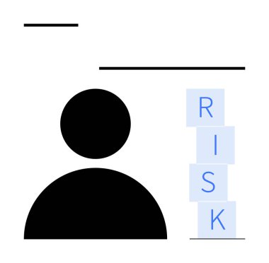 Yığılmış blokların yanında RISK yazan kişi figürü. Risk yönetimi, karar verme, problem çözme, iş stratejisi, kişisel tercihler, belirsizlik ve liderlik için ideal. Soyut satır düzlüğü
