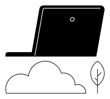 Bilgisayar, bulut ve yaprak elementleriyle teknoloji ve ekolojik bilinci birleştiriyor. Sürdürülebilirlik, teknoloji, çevre dostu bilgisayar, bulut depolama, çevre bilinci, yenilik, düz