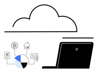 Laptoplu bulut, bağlı veri görselleri. Bitcoin, emlak, finansal varlıklar etkileşimi. Teknoloji, yenilik, sanal depolama, finansal engelleme analitik dijital dönüşüm için ideal