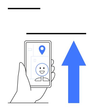 Mavi okun yanındaki ekranda gülümseyen yüzü olan akıllı telefondan tut. Navigasyon, teknoloji, iletişim, ilerleme, sosyal medya, yön motivasyonu için idealdir. Düz