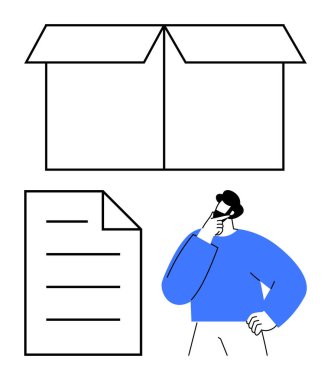 Kutu, belge ve düşünceli adam yaratıcılık, planlama ve çözümleri ateşliyor. Kavramsal düşünce, yenilik, beyin fırtınası, problem çözme stratejisi analizi için ideal basit metafor