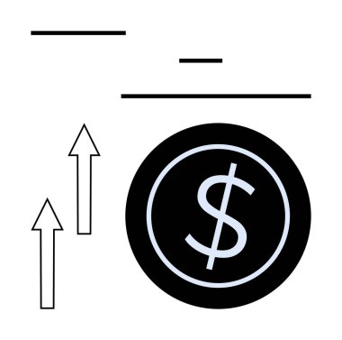 Yukarı doğru iki ok ve yatay çizgilerle siyah dairenin içindeki dolar işareti büyümeyi ve başarıyı simgeliyor. Finans, yatırım, iş stratejisi, ekonomik eğilimler, gelir, kar, sabit