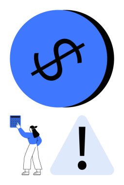 Üstü çizilmiş dolar parasal kaygıları gösteriyor. Uyarı üçgeni dikkat çekiyor. Hesap makineli kadın problem çözmeyi öneriyor. Finans, bütçe, borç, ihtiyat, analiz, muhasebe için ideal