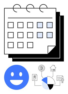 Vurgulanmış günleri, mavi mutlu yüzü ve kripto para birimini, evi ve grafikleri gösteren bir takvim. Organizasyon, planlama, teknoloji, finans başarısı verimlilik için idealdir.