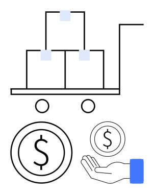 Kutuları taşıyan el arabası, büyük para birimleri, ödeme için uzanan eller. Lojistik, e-ticaret, tedarik zinciri, ticaret ve nakliye için ideal. Temiz düz basit metafor