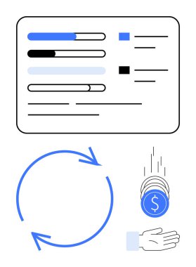 Paneldeki ilerleme çubukları veri durumunu gösteriyor, dairesel oklar süreç akışını gösteriyor, madeni paraların elle vurgulanmasını sağlıyor. Finans, sürdürülebilirlik, veri, ekonomi, iş akışı, yatırım için ideal