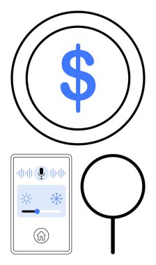 Çemberde dolar işareti, parlaklık ve klima kontrollü akıllı cihaz, büyüteç. Finans için ideal, akıllı teknoloji, bütçe planlaması, otomasyon, arama, kontrol dairesi basit metaforu