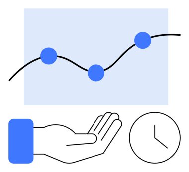 Puanlı çizgi grafiği büyümeyi gösteriyor, eli açık, desteği sembolize ediyor, saati gösteriyor. İş, strateji, destek, zaman yönetimi, analitik üretkenlik süreci için ideal. Düz basit