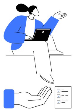 Otururken dizüstü hareketleri kullanan bir kadın, işaretli kontrol listesi ve açık avuç içi. Üretim, uzaktan çalışma, işbirliği, karar verme, kişisel büyüme, organizasyon ve destek için ideal