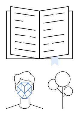Satır ve kitap ayracı, geometrik yüz tanıma sistemi insan kafasında ve sadeleştirilmiş ağaç ikonu içeren açık bir kitap. Eğitim, teknoloji, biyometrik kimlik, çevre ve minimalizm için ideal