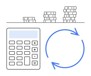 Birikmiş paraların yanı sıra mali büyüme, tasarruf ve tekrarlanan işlemleri gösteren yuvarlak oklar da var. Finans, muhasebe, bütçe, yatırım, kâr analizi ve ekonomi için ideal