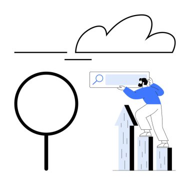 Bulutun altındaki arama çubuğuna dokunmak için yukarı doğru tırmanan kişi büyüteç camının yanında. Büyüme, araştırma, teknoloji, ilerleme, keşif, strateji yeniliği için idealdir. Düz basit metafor