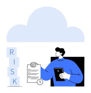 RISK bloklarının yanında tablet ve kontrol listesi tutan adam bir bulutun altında. Karar verme, risk yönetimi, planlama, öncelikler, iş stratejisi, sigorta, soyut düz metafor için ideal