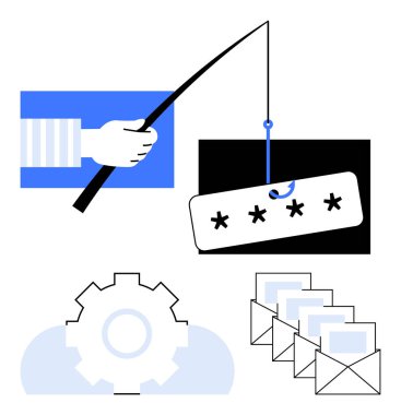 Şifreli bir olta kamışı, mekanizma teçhizatı ve istiflenmiş e-postalar. Siber güvenlik, sahte farkındalık, siber uyanıklık, veri koruması, çevrimiçi güvenlik, hackleme için ideal