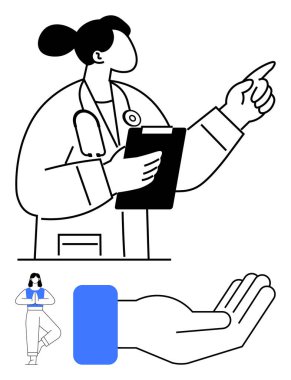 İleride panosu olan bir sağlık çalışanı, el çizimi desteği. Sağlık, rehberlik, iletişim, klinikler, sağlık ve takım çalışması için ideal. Düz basit metafor