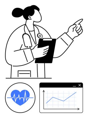 Pano, kalp atış hızı ikonu ve veri tablosuyla hareket eden kadın doktor ilerleme gösteriyor. Sağlık, tıbbi araştırma, sağlık izleme, hasta bakımı, veri analizi, teşhis düzlüğü için ideal